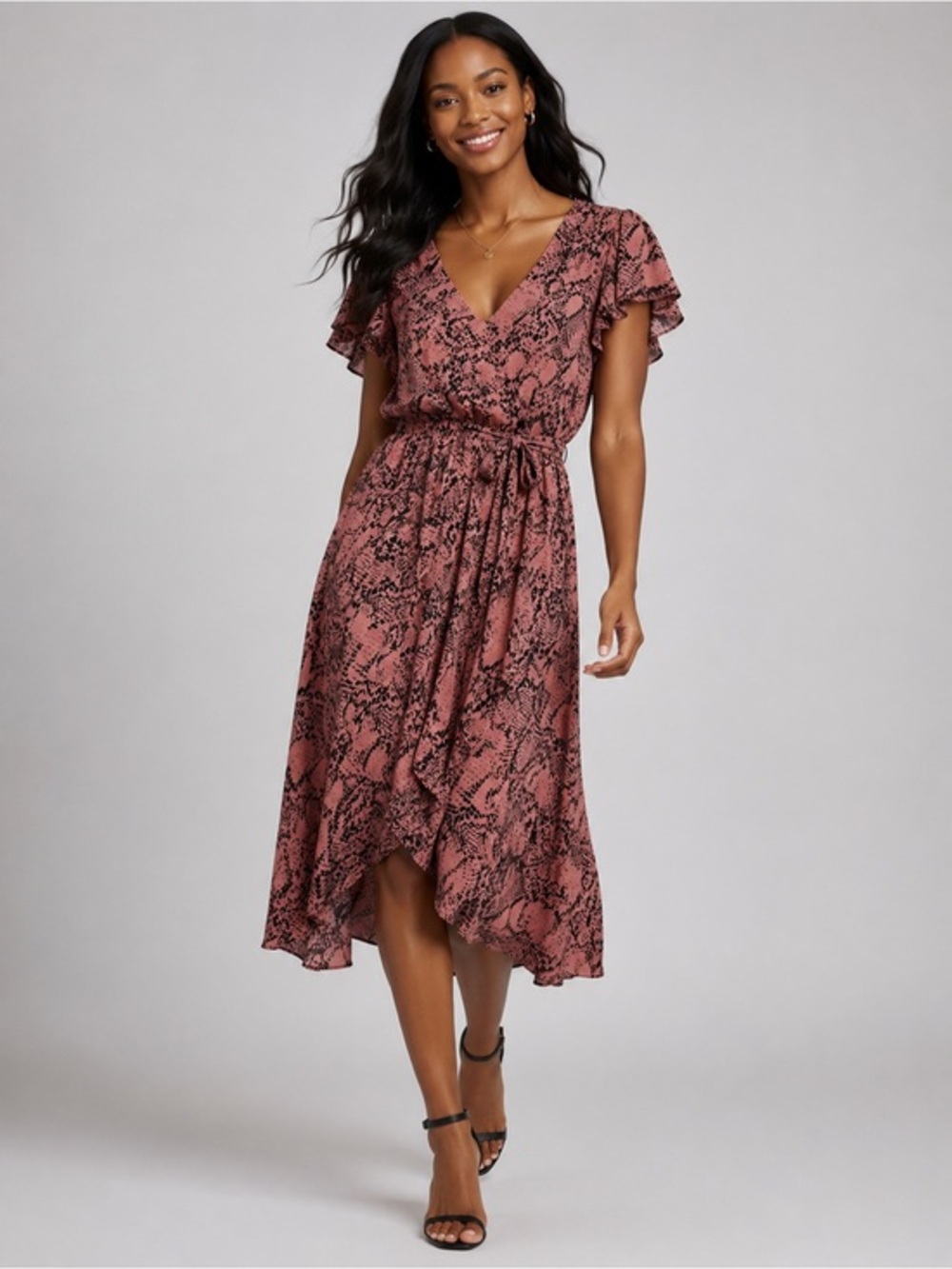 Vanity Room Pink Snake Print Faux Wrap Midi Dress Flutter Sleeve Tie Waist